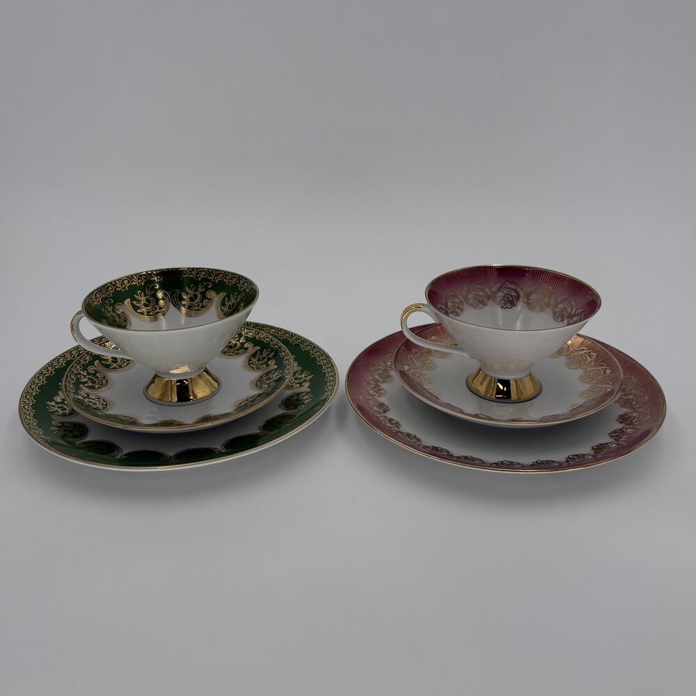 Vintage 1950s Winterling Bavaria Green/Red with Gold Teacup Saucer Plate Trio
